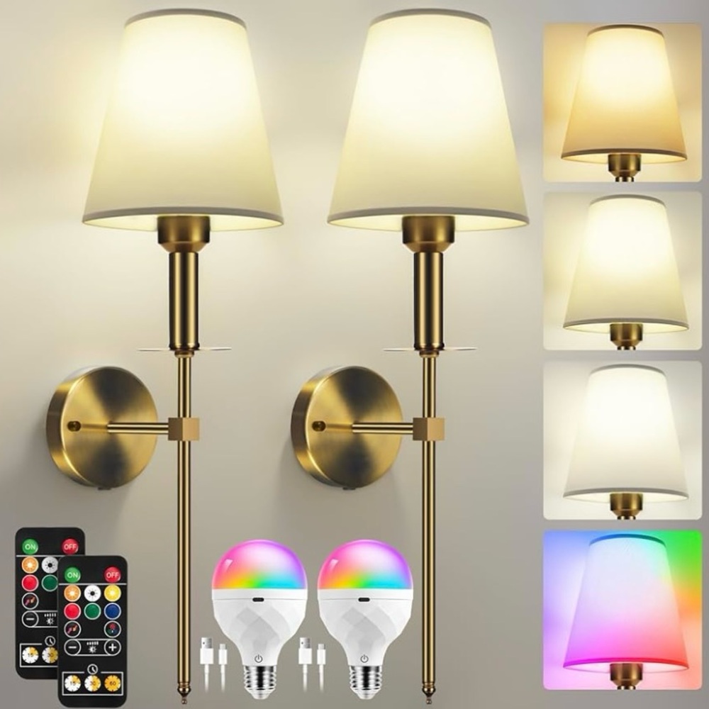 NEW Battery Operated Set of 2 Wireless Wall Sconces with Remote Control